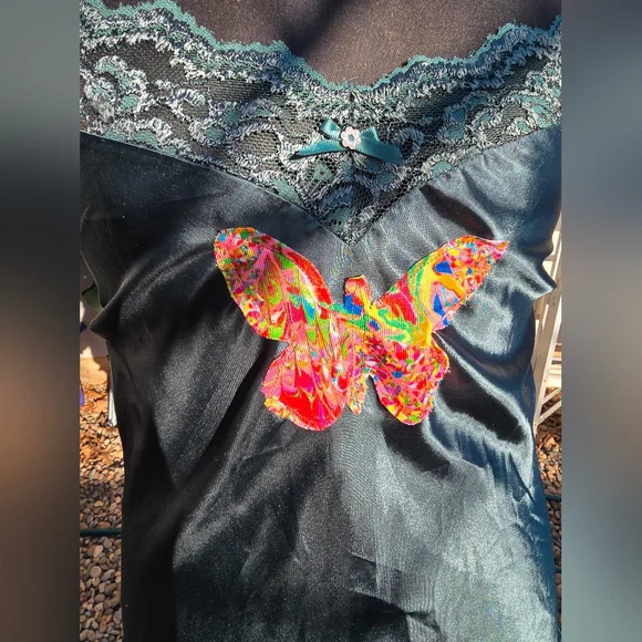 Vtg 90's Teal Green Satin Butterfly Slip Dress - Picture 6 of 9